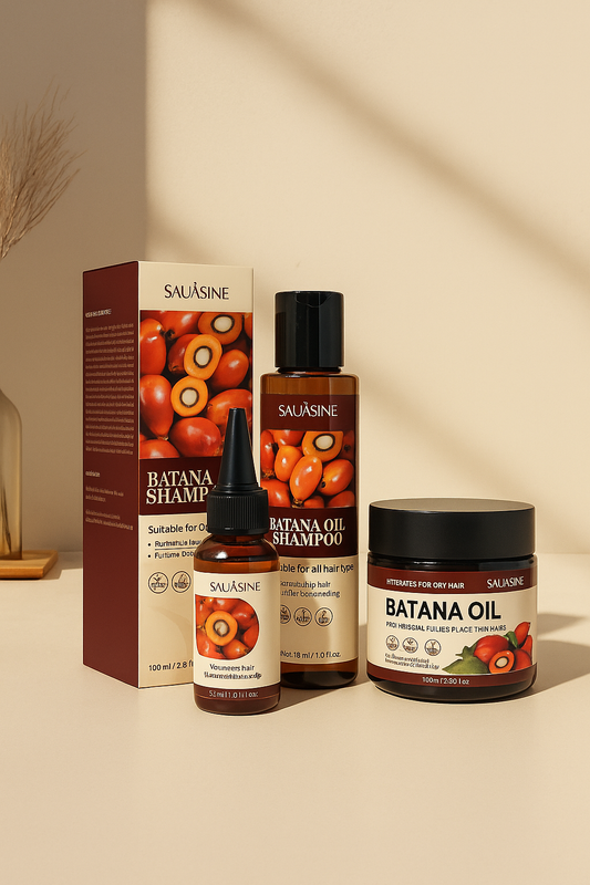 Batana set de 3 pièces: shampoing, après-shampoing et huile réparatrice.