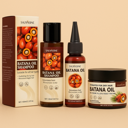 Batana set de 3 pièces: shampoing, après-shampoing et huile réparatrice.
